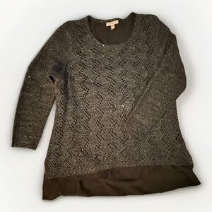 Roz & Ali Sequence Dark Gray Knitted Lace Sweater, Layered Look XL Elegant Class